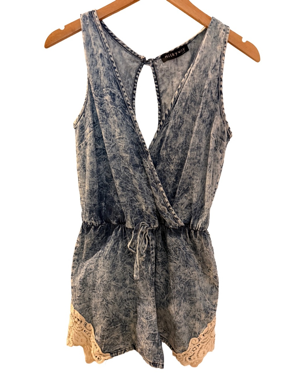 Milkyway Acid Wash Faux Wrap Romper with Crochet Lace Trim - M